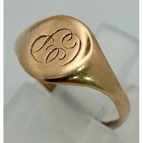 839 - A Vintage 9K Yellow Gold Small Signet Ring. Size H. 1.05g