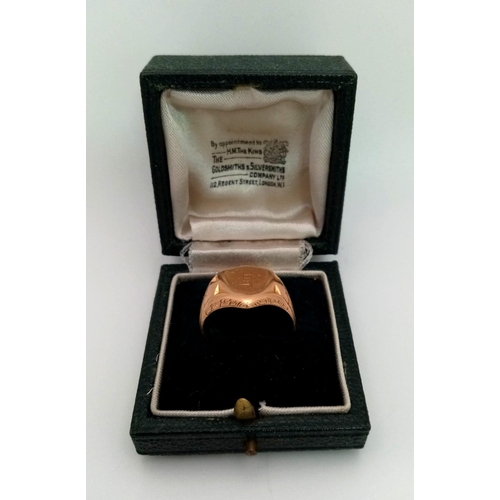 232 - A Vintage 15K Rose Gold Signet Ring. Size S. 10.1g. Comes in original Goldsmiths case.