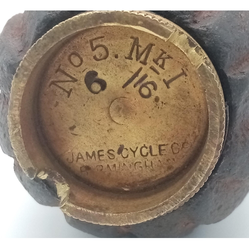 732 - INERT WW1 Semi Relic No 5 Mills Grenade Dated June 1916. Maker James Cycles Birmingham.
No internals... 