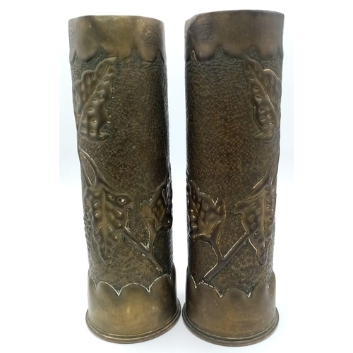 327 - A pair of WW1 Trench Art Vases. Made from INERT British 18 Pdr Shell cases dated 1916 &v1917.