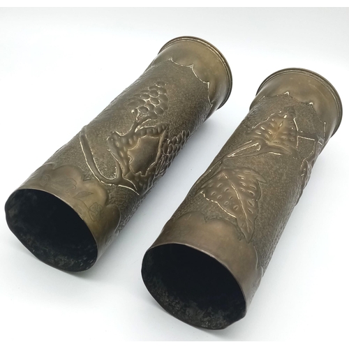 327 - A pair of WW1 Trench Art Vases. Made from INERT British 18 Pdr Shell cases dated 1916 &v1917.