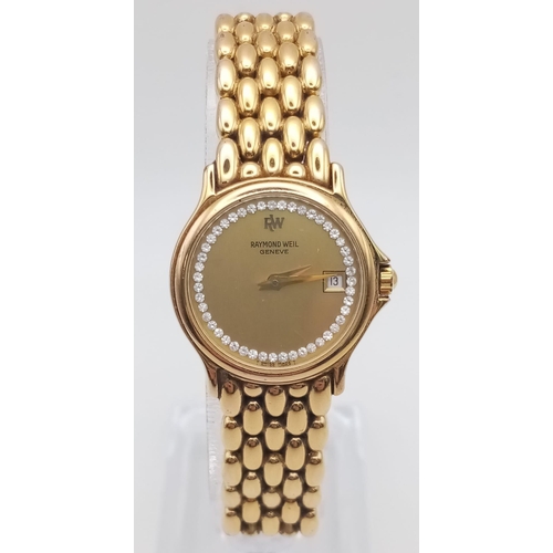 352 - A Raymond Weil Gold Plated Ladies Watch. Gold plated bracelet and case - 24mm. Gold tone dial with w... 