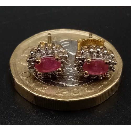 771 - A Pair of Ruby and Diamond Stud Earrings Set In 925 Gilded Silver.