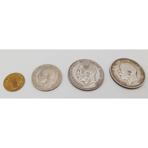 1185 - A Parcel of 3 Pre-1920 & 1947 Silver Coins and 1x Imitation Model Victoria Sovereign; Silver Compris... 