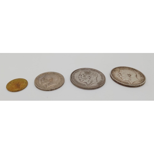 1185 - A Parcel of 3 Pre-1920 & 1947 Silver Coins and 1x Imitation Model Victoria Sovereign; Silver Compris... 