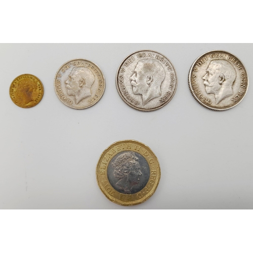 1185 - A Parcel of 3 Pre-1920 & 1947 Silver Coins and 1x Imitation Model Victoria Sovereign; Silver Compris... 