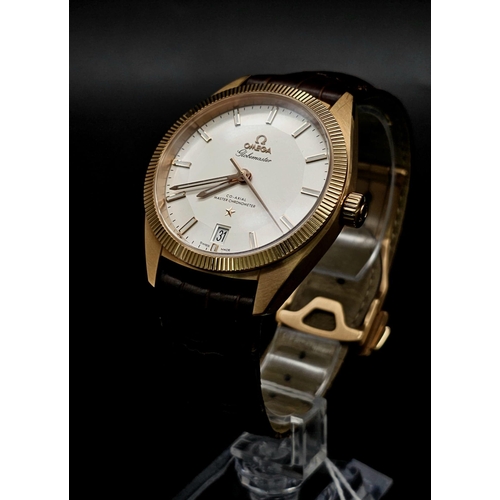 226 - An Omega Globemaster Constellation 18K Rose Gold Gents Watch. Brown leather strap with 18k rose gold... 