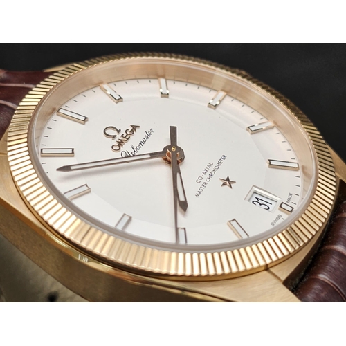 226 - An Omega Globemaster Constellation 18K Rose Gold Gents Watch. Brown leather strap with 18k rose gold... 