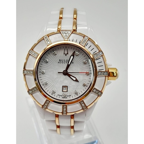 331 - A Bulova Accutron Ladies Quartz Watch. White ceramic and gilded steel strap and case - 36mm. Mother ... 