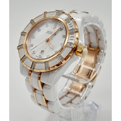 331 - A Bulova Accutron Ladies Quartz Watch. White ceramic and gilded steel strap and case - 36mm. Mother ... 