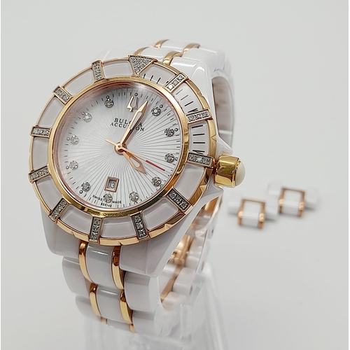 331 - A Bulova Accutron Ladies Quartz Watch. White ceramic and gilded steel strap and case - 36mm. Mother ... 