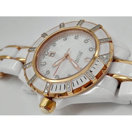 331 - A Bulova Accutron Ladies Quartz Watch. White ceramic and gilded steel strap and case - 36mm. Mother ... 