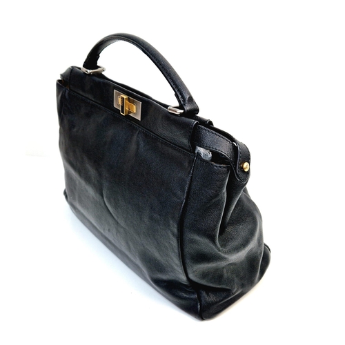 416 - A Fendi Black Leather Double Compartment Hand/Shoulder Bag. Silver and gold tone hardware. Detachabl... 