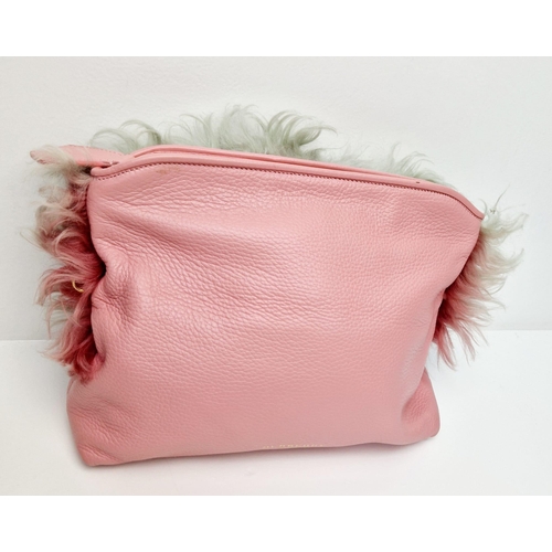 663 - A Burberry Prorsum Crossbody Pink Leather Bag. Gold-tone hardware. Fur trim. Adjustable shoulder str... 