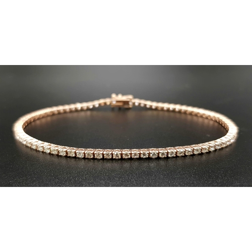 91 - AN 18K ROSE GOLD AND DIAMOND TENNIS BRACELET WITH APPROX 3ct OF HIGH QUALITY DIAMONDS.   8.0gms  18c... 