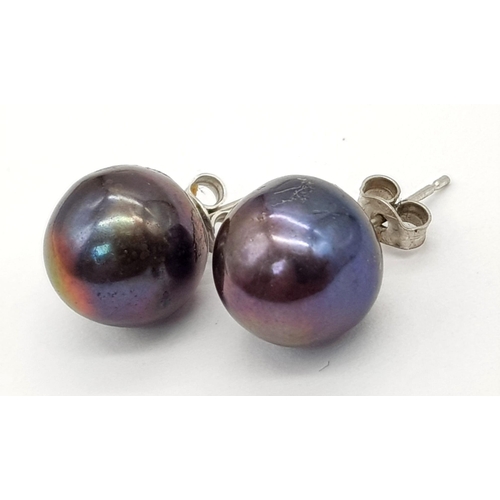 1419 - A Pair of 9K Gold Cultured Tahitian Pearl Earrings. 3.41g total weight.