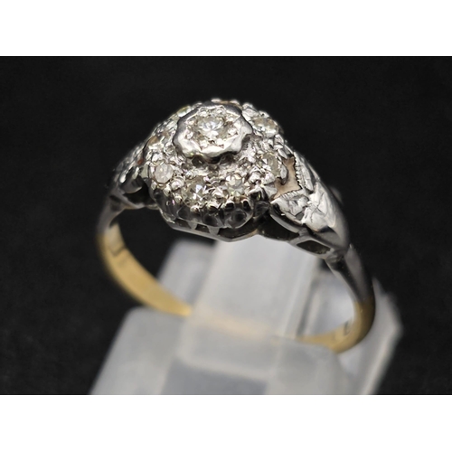 150 - 18K YELLOW GOLD & PLATINUM VINTAGE DIAMOND CLUSTER RING. TOTAL WEIGHT  3.2G.  SIZE J