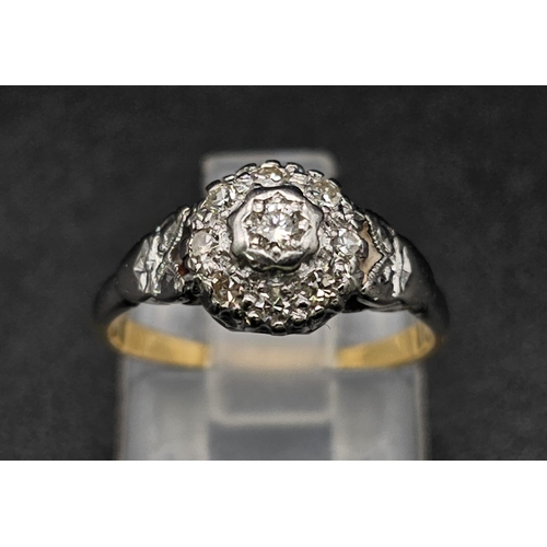 150 - 18K YELLOW GOLD & PLATINUM VINTAGE DIAMOND CLUSTER RING. TOTAL WEIGHT  3.2G.  SIZE J