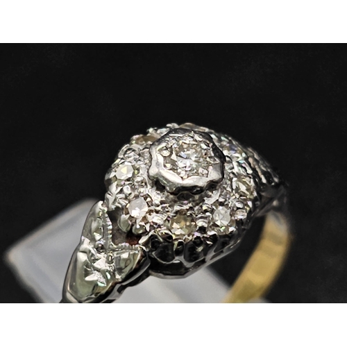 150 - 18K YELLOW GOLD & PLATINUM VINTAGE DIAMOND CLUSTER RING. TOTAL WEIGHT  3.2G.  SIZE J