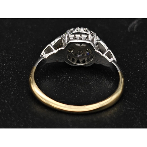 150 - 18K YELLOW GOLD & PLATINUM VINTAGE DIAMOND CLUSTER RING. TOTAL WEIGHT  3.2G.  SIZE J