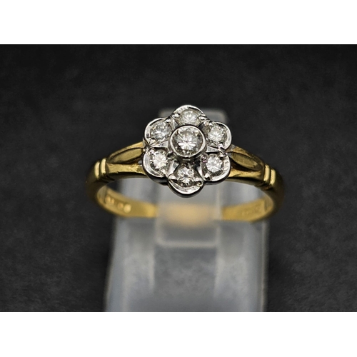 508 - 18K YELLOW GOLD DIAMOND FLOWER CLUSTER RING.  0.26CT DIAMOND. TOTAL WEIGHT 3.3G SIZE N