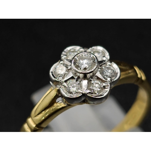 508 - 18K YELLOW GOLD DIAMOND FLOWER CLUSTER RING.  0.26CT DIAMOND. TOTAL WEIGHT 3.3G SIZE N