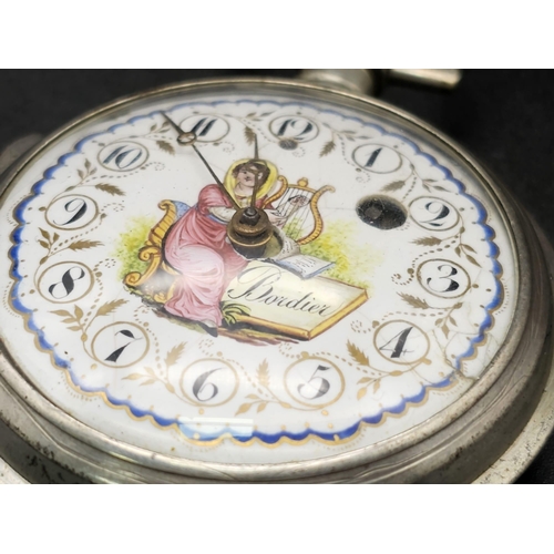 573 - An Antique French Hand-Painted Enamel and White Metal Pocket Watch. A/F. 6cm diameter. Ref: 012038