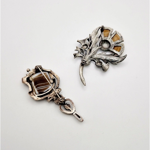 993 - A Parcel of Two Vintage Celtic Brooches Comprising 1) A Scottish Thistle Hardstone Brooch Set with O... 