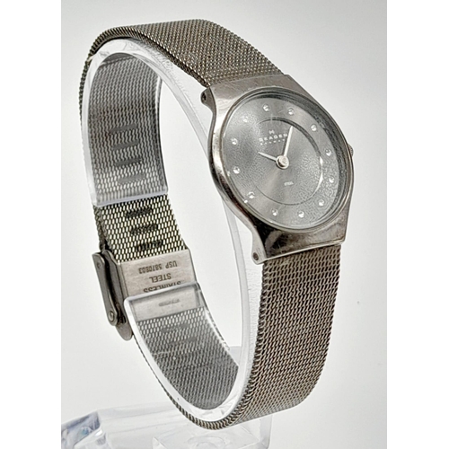 1311 - A SKAGEN OF DENMARK STAINLESS STEEL QUARTZ LADIES WRIST WATCH WITH DIAMOND NUMERALS. a/f