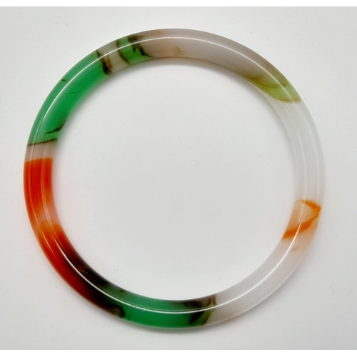 1773 - A Thin Multi-Colour Quality Jade Bangle. 63mm inner diameter. 7mm width.