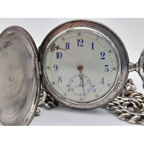 186 - A 1901 REMONTOIR SPIRAL BREGUET SILVER POCKET WATCH (NEEDS ATTENTION) ON AN ANTIQUE SILVER ALBERT CH... 