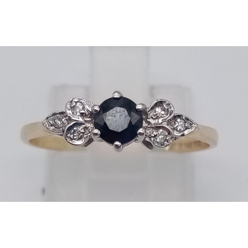 241 - 9K YELLOW GOLD DIAMOND & SAPPHIRE RING. TOTAL WEIGHT 1.3G.  SIZE N/O