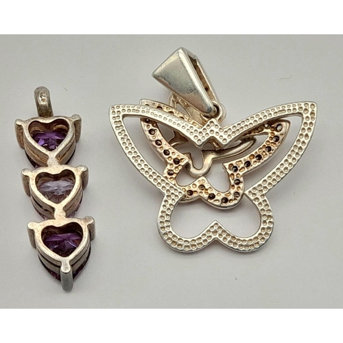 424 - STERLING SILVER STONE SET TRIPLE BUTTERFLY MOVING PENDANT & SILVER AMETHYST SET DROP PENDANT 11.07G