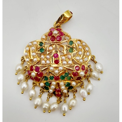 484 - A 20 k yellow gold necklace and pendant with seed pearls, emeralds and rubies (some stones missing) ... 