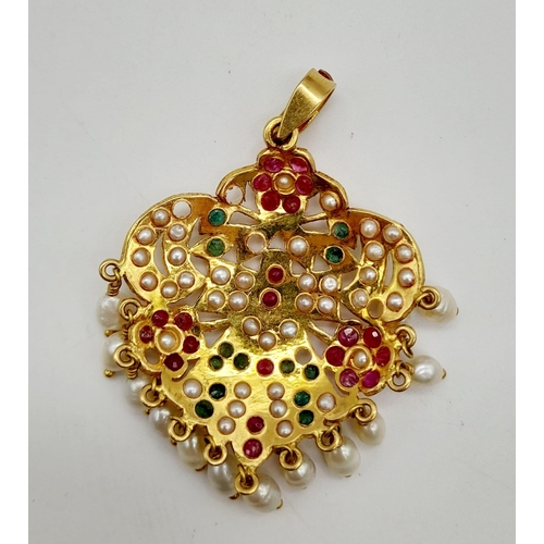 484 - A 20 k yellow gold necklace and pendant with seed pearls, emeralds and rubies (some stones missing) ... 