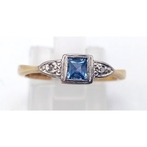 571 - 18K YELLOW GOLD DIAMOND & SAPPHIRE VINTAGE RING. TOTAL WEIGHT 2.85G.  SIZE M