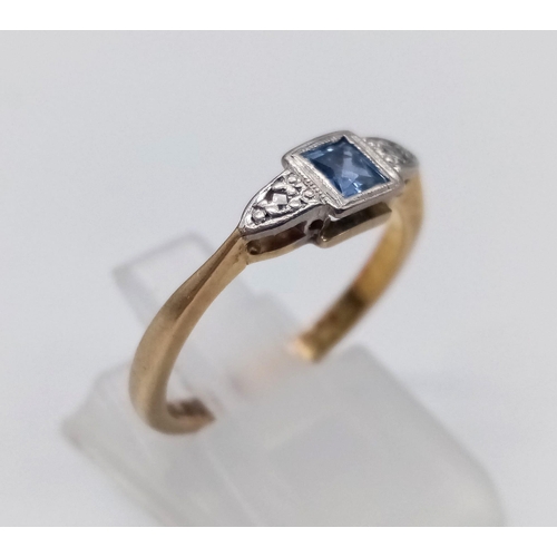 571 - 18K YELLOW GOLD DIAMOND & SAPPHIRE VINTAGE RING. TOTAL WEIGHT 2.85G.  SIZE M