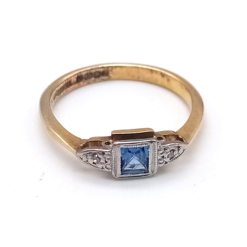 571 - 18K YELLOW GOLD DIAMOND & SAPPHIRE VINTAGE RING. TOTAL WEIGHT 2.85G.  SIZE M