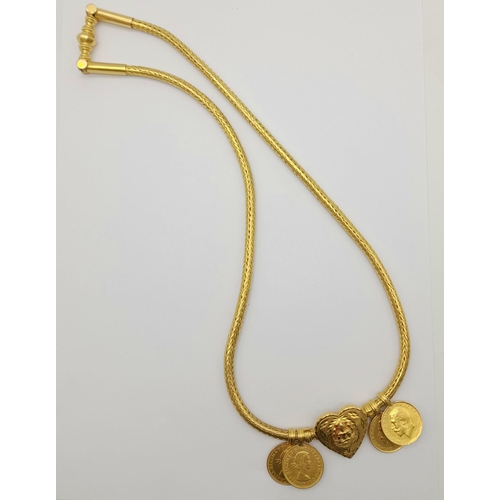 609 - Withdrawn
An impressive 22 K yellow gold THALI necklace with four sovereign pendants and a heart. We... 