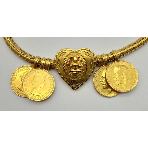 609 - Withdrawn
An impressive 22 K yellow gold THALI necklace with four sovereign pendants and a heart. We... 