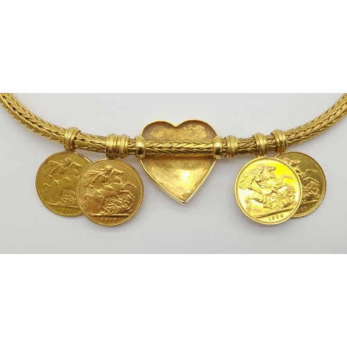 609 - Withdrawn
An impressive 22 K yellow gold THALI necklace with four sovereign pendants and a heart. We... 