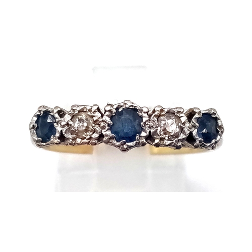 76 - 18K YELLOW GOLD & PLATINUM VINTAGE DIAMOND & SAPPHIRE 5 STONE RING. TOTAL WEIGHT 3.45G.  SIZE P