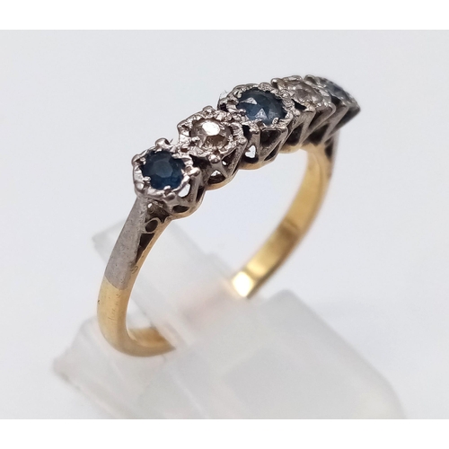 76 - 18K YELLOW GOLD & PLATINUM VINTAGE DIAMOND & SAPPHIRE 5 STONE RING. TOTAL WEIGHT 3.45G.  SIZE P