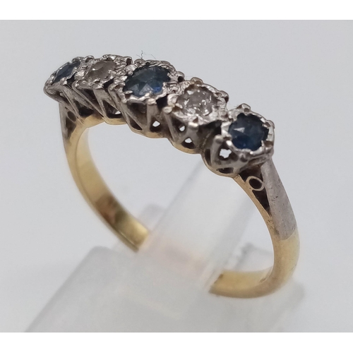 76 - 18K YELLOW GOLD & PLATINUM VINTAGE DIAMOND & SAPPHIRE 5 STONE RING. TOTAL WEIGHT 3.45G.  SIZE P