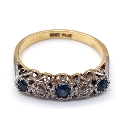 76 - 18K YELLOW GOLD & PLATINUM VINTAGE DIAMOND & SAPPHIRE 5 STONE RING. TOTAL WEIGHT 3.45G.  SIZE P