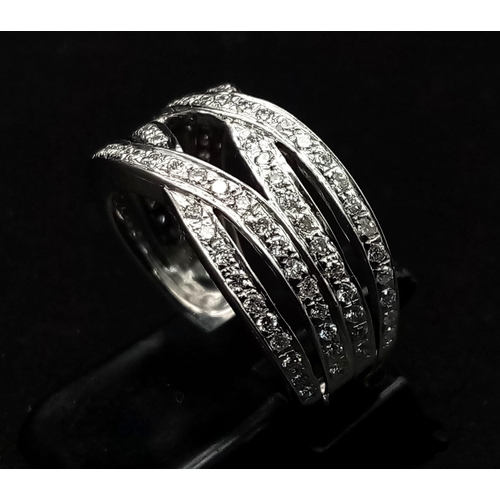 97 - 18K WHITE GOLD DIAMOND 4 ROW SPLIT BAND RING 0.50CT DIAMOND. TOTAL WEIGHT 6G.  SIZE L