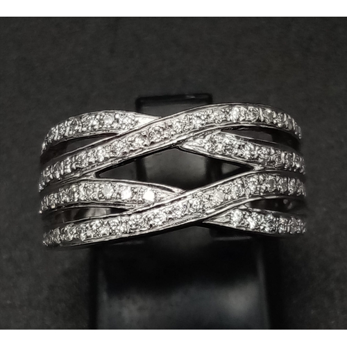 97 - 18K WHITE GOLD DIAMOND 4 ROW SPLIT BAND RING 0.50CT DIAMOND. TOTAL WEIGHT 6G.  SIZE L