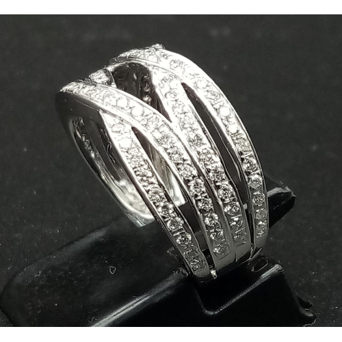 97 - 18K WHITE GOLD DIAMOND 4 ROW SPLIT BAND RING 0.50CT DIAMOND. TOTAL WEIGHT 6G.  SIZE L