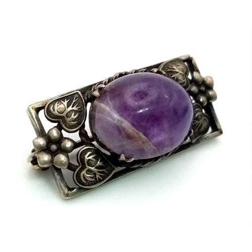 1000 - A Vintage or Antique Silver Rennie Mackintosh Design Amethyst Cabochon Brooch 3cm Wide,