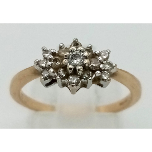 157 - 9K YELLOW GOLD DIAMOND CLUSTER RING.  0.25CT DIAMOND. TOTAL WEIGHT 2.1G. SIZE N